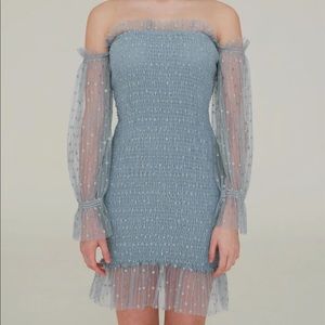 Baby blue off shoulder lace mesh bodycon dress